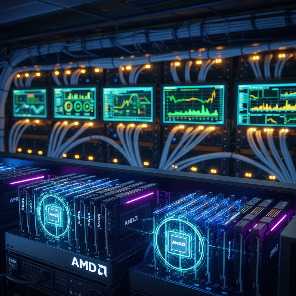 Fotorealistisches Bild eines modernen Server-Racks in einem Rechenzentrum, im Vordergrund leuchtende AMD-Prozessoren und RAM-Module mit futuristischer Beleuchtung, im Hintergrund Netzwerkkabel und Monitoring-Bildschirme, professionelle Datacenter-Atmosphäre