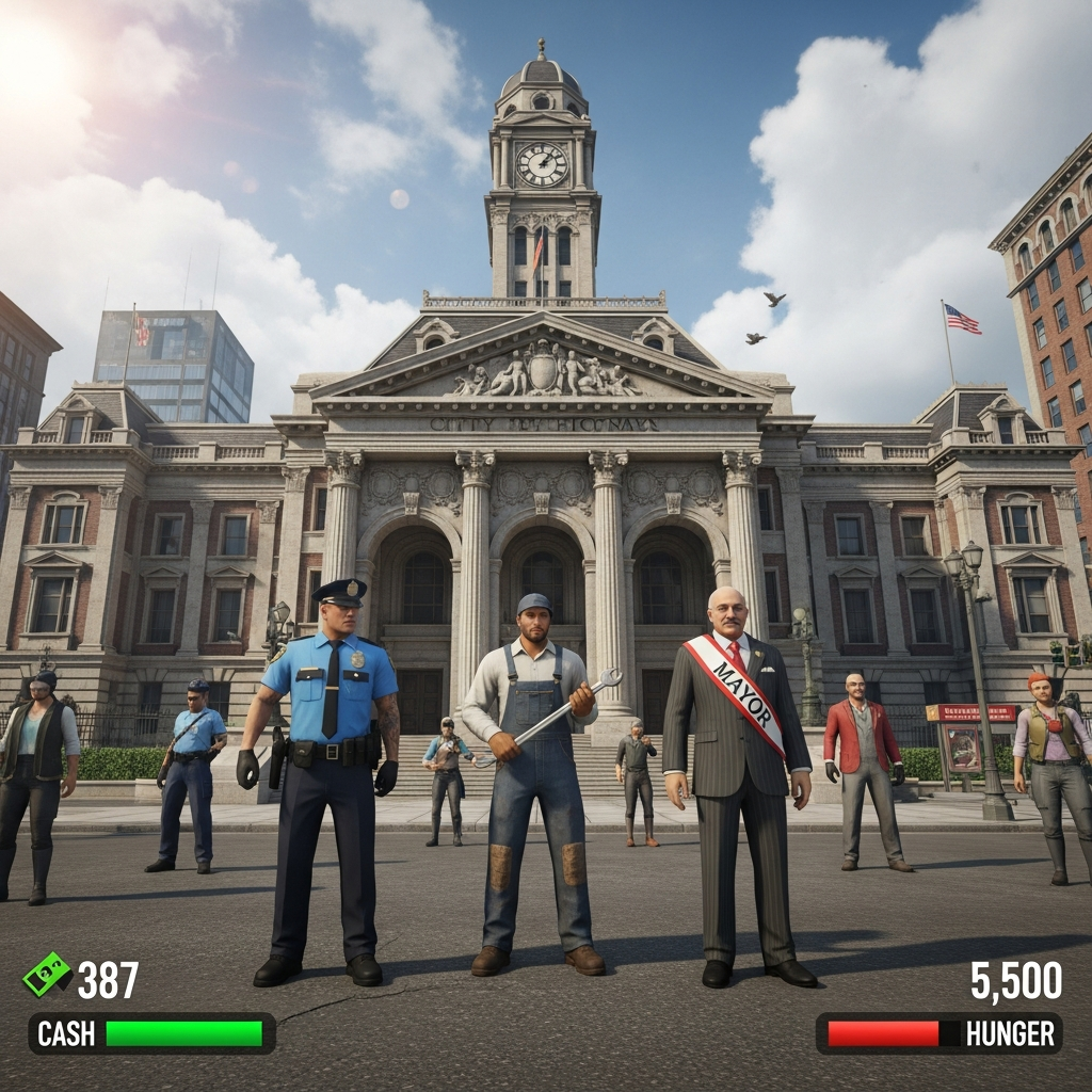 Fotorealistisches In-Game-Szenario eines DarkRP-Servers in Garry's Mod, Spieler-Charaktere in verschiedenen Berufskleidungen (Polizist, Mechaniker, Bürgermeister) stehen vor einem detaillierten Rathaus-Gebäude, bunte HUD-Elemente zeigen Geld und Hunger an, hochauflösende Texturen, dynamische Beleuchtung, lebendige Stadt-Atmosphäre