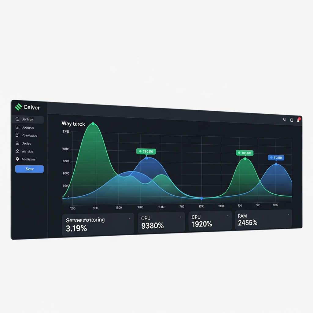 Graphique de monitoring serveur avec courbes de TPS, utilisation CPU et RAM, sur une interface web moderne avec fond sombre et indicateurs colorés en vert et bleu
