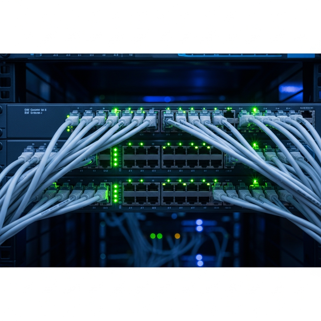 Gros plan photoréaliste d'un switch réseau professionnel avec multiples câbles Ethernet catégorie 8 connectés, voyants lumineux verts clignotants, fond de baie de brassage organisée dans un datacenter sombre, éclairage LED bleuté ambiant