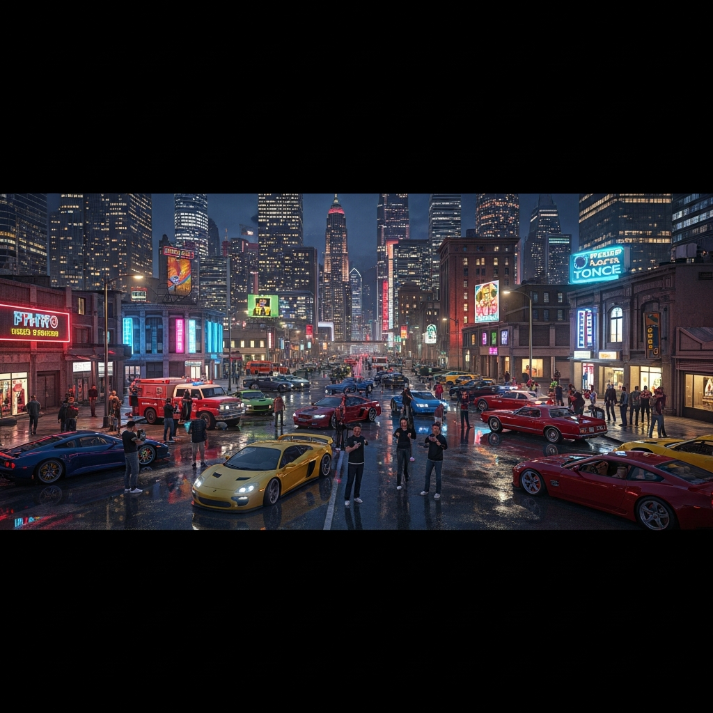High-resolution image of a bustling FiveM roleplay server cityscape with custom vehicles, illuminated buildings, and players interacting in a detailed urban environment during nighttime with neon lights