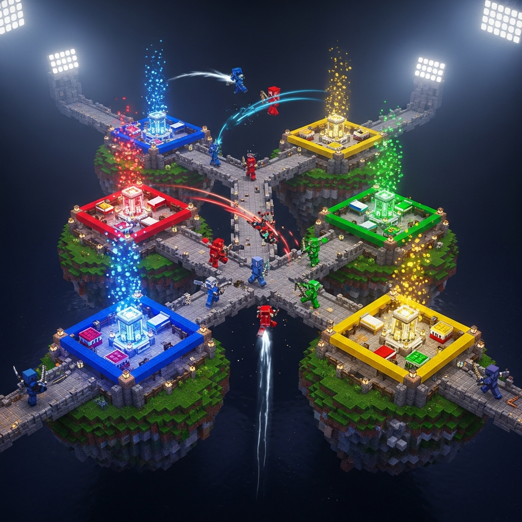 Imagen fotorrealista de una arena de minijuegos Minecraft tipo BedWars vista desde arriba, con múltiples islas flotantes conectadas por puentes, camas de colores en cada base, generadores de recursos brillantes, jugadores en combate con armaduras de colores y efectos de partículas, iluminación dinámica y ambiente competitivo profesional