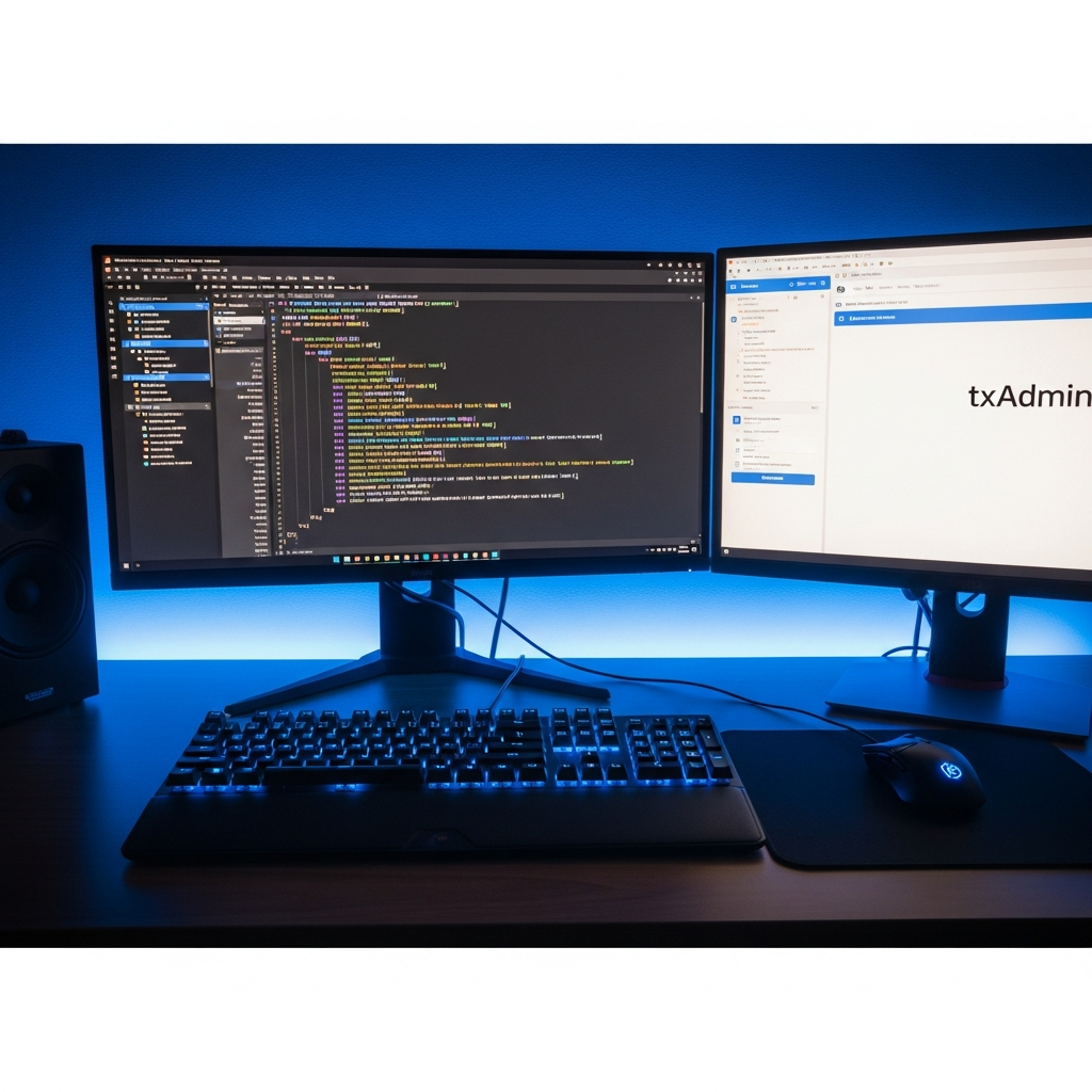 Imagen fotorrealista de un escritorio de administrador con editor de código Visual Studio Code abierto mostrando el archivo server.cfg de FiveM, con líneas de configuración de OneSync, licencias, recursos y endpoint, monitor secundario con txAdmin en vivo, teclado mecánico RGB, ratón gaming, ambiente de oficina gamer nocturno con luces LED azules