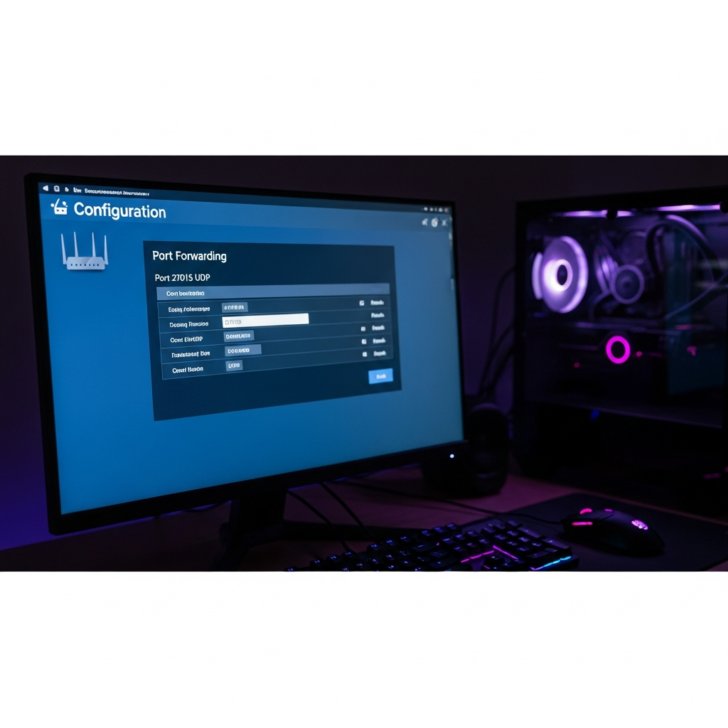 Imagen fotorrealista de un panel de configuración de router doméstico mostrando la sección de Port Forwarding con el puerto 27015 UDP configurado, pantalla de PC gamer con reflejos y setup de gaming visible en ambiente nocturno