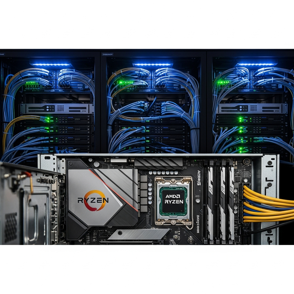 Imagen fotorrealista de un rack de servidores moderno con equipamiento profesional, luces LED azules y verdes indicando actividad, cables de red organizados, primer plano de un servidor blade con procesador AMD Ryzen visible en placa base de última generación, módulos RAM DDR5 con disipadores, ambiente de datacenter profesional con iluminación técnica