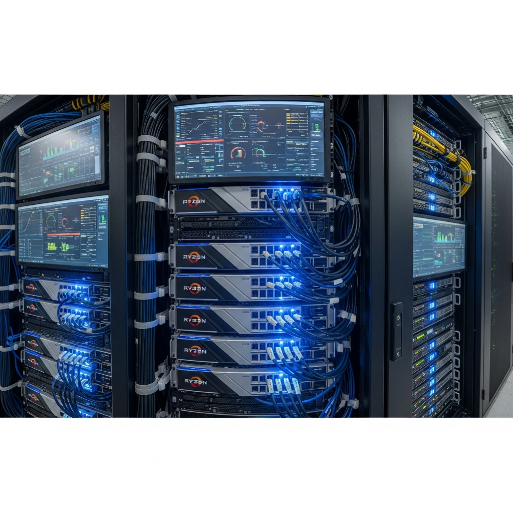 Imagen fotorrealista de un rack de servidores modernos con luces LED azules, mostrando servidores con procesadores AMD Ryzen 9 y módulos de RAM DDR5 ECC brillantes, cables de red organizados y pantallas mostrando métricas de rendimiento, ambiente profesional de datacenter