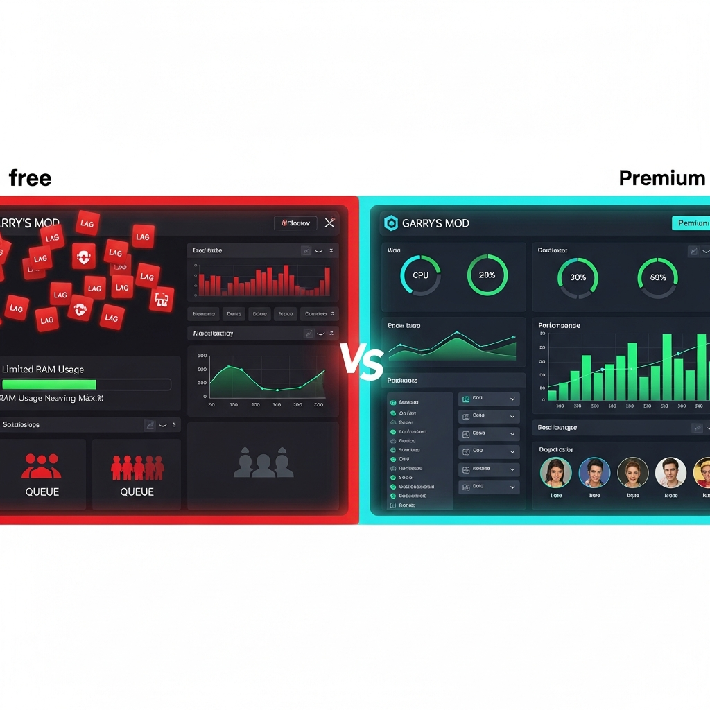 Infographie photoréaliste comparant deux serveurs Garry's Mod côte à côte : à gauche un serveur gratuit avec icônes rouges de lag, RAM limitée et file d'attente, à droite un serveur premium avec graphiques verts de performance, dashboard moderne et joueurs connectés souriants