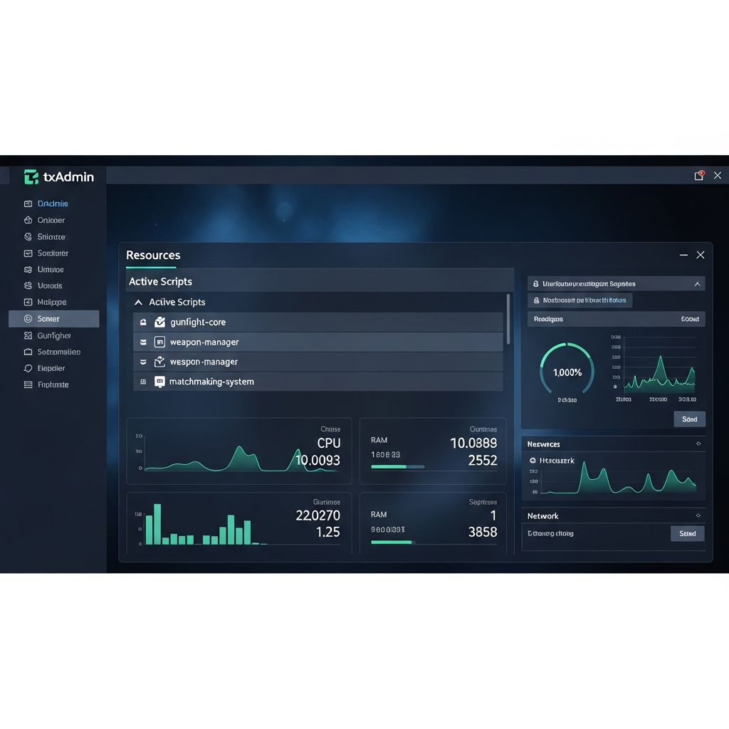 Interface de configuración del panel txAdmin mostrando la sección de recursos de un servidor FiveM Gunfight, lista de scripts activos incluyendo gunfight-core, weapon-manager y matchmaking-system, fondo oscuro profesional con métricas de rendimiento en tiempo real