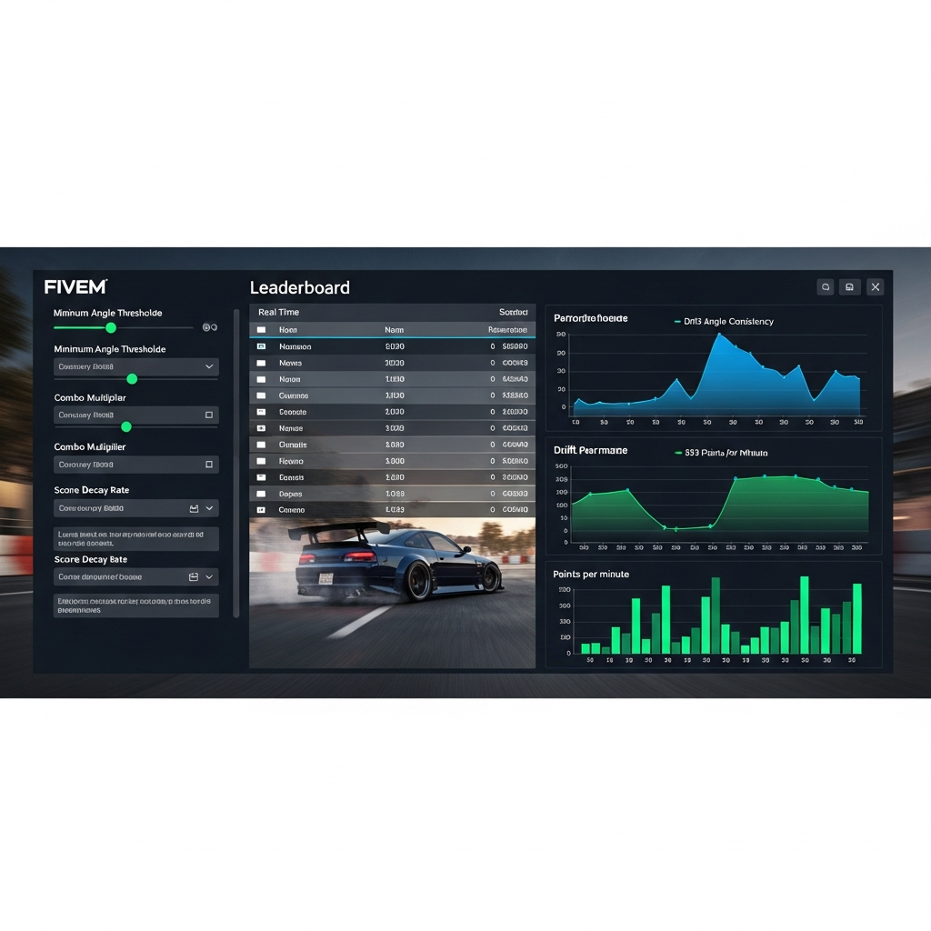 Interface de configuration d'un script de scoring drift sur FiveM montrant un panel administrateur avec réglages d'angles minimaux, multiplicateurs de combo, tableau de leaderboard en temps réel et graphiques de performances des joueurs