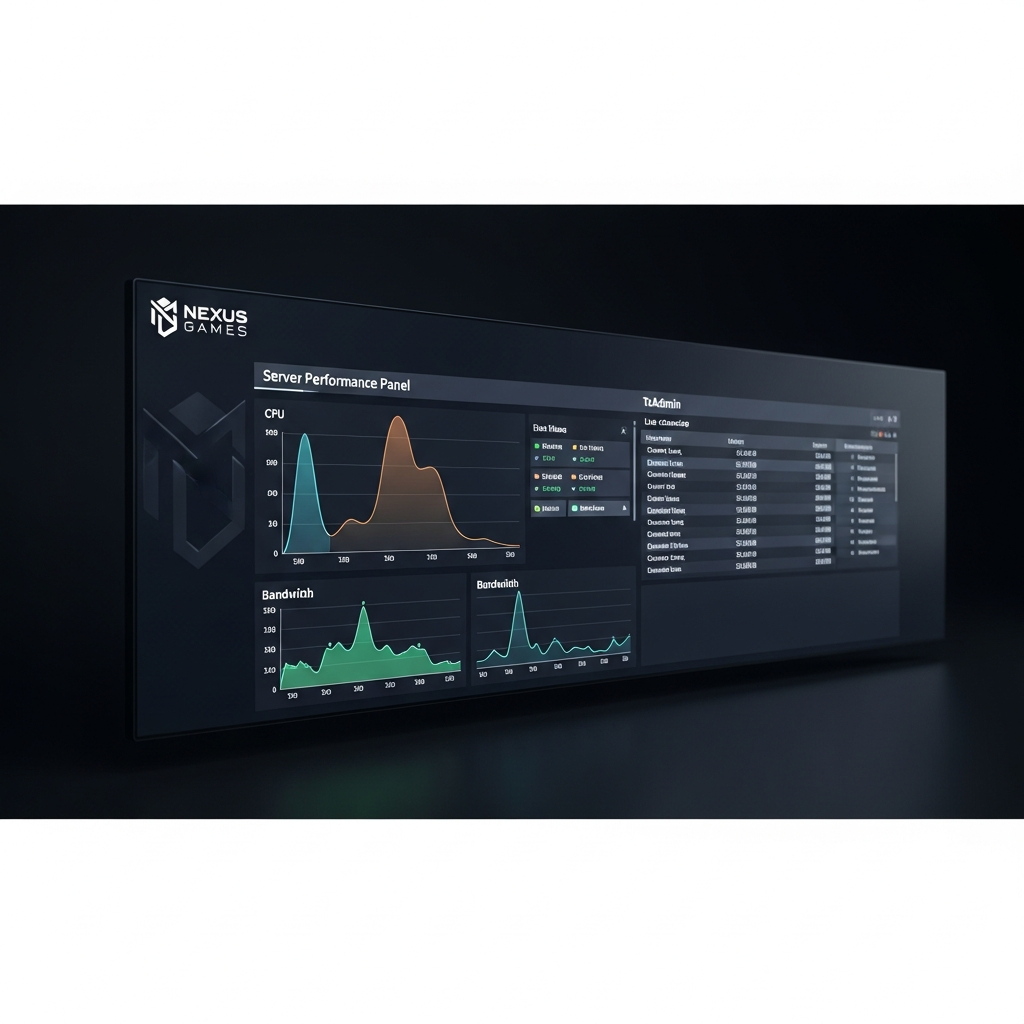 Interface du panel Nexus Games affichant les métriques de performance d'un serveur FiveM : graphiques de CPU, RAM et bande passante en temps réel, console txAdmin avec logs de connexion, fond sombre professionnel avec logo Nexus Games discret