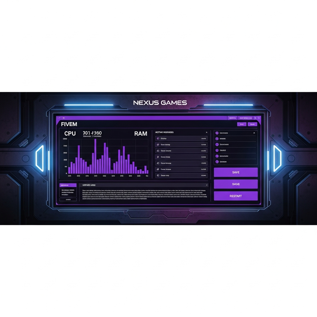 Interface panel Nexus Games affichant un dashboard de monitoring FiveM avec graphiques de performance CPU/RAM en temps réel, liste de ressources actives, logs de serveur et boutons de sauvegarde, design moderne violet et noir