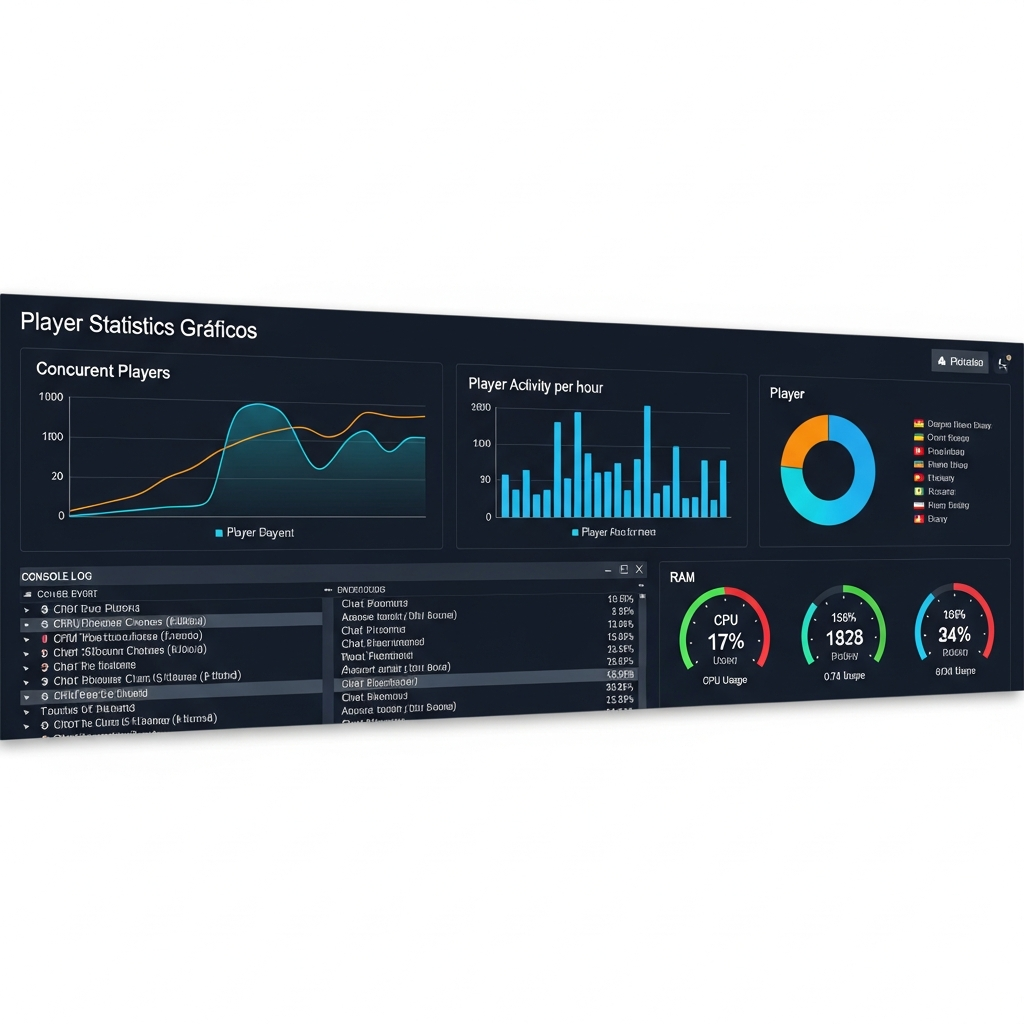 Interface photoréaliste d'un panneau d'administration de serveur Garry's Mod montrant des graphiques de statistiques de joueurs en temps réel, logs de console avec fond sombre et données de performances CPU et RAM, design moderne et professionnel