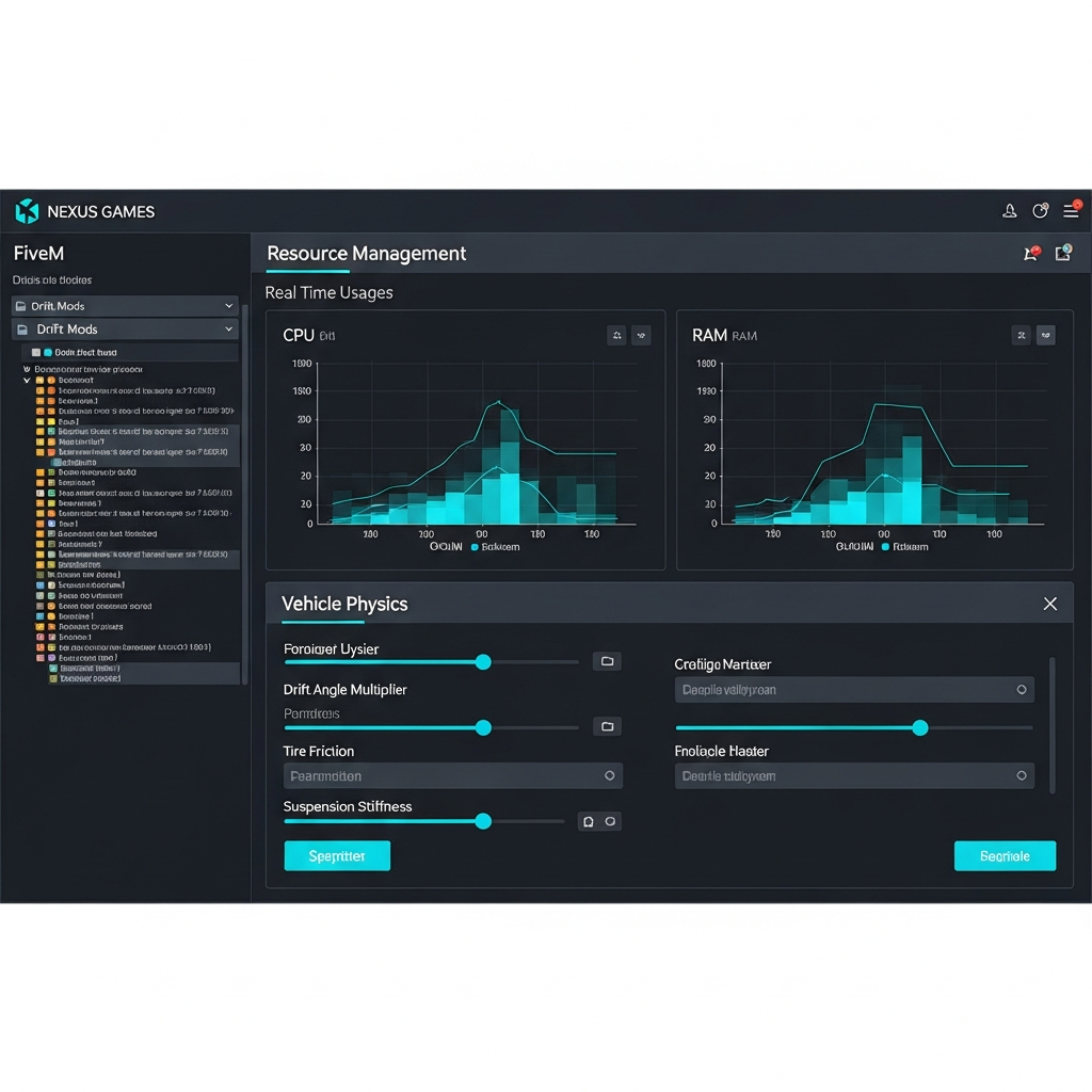Interfaz del panel de administración de Nexus Games mostrando la sección de gestión de recursos FiveM, con carpetas de mods de drift expandidas, gráficos de uso de CPU y RAM en tiempo real, y opciones de configuración de físicas vehiculares, diseño moderno oscuro con acentos cyan