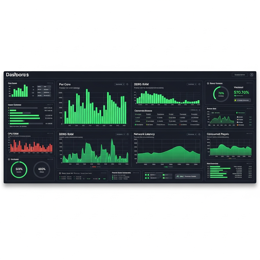 Interfaz fotorrealista de un dashboard de monitoreo de servidor con gráficos en tiempo real de uso de CPU por núcleo, consumo de RAM DDR5, latencia de red, tráfico de jugadores conectados simultáneamente, estilo moderno con tonos oscuros y acentos en verde neón, múltiples paneles con estadísticas detalladas y alertas visuales