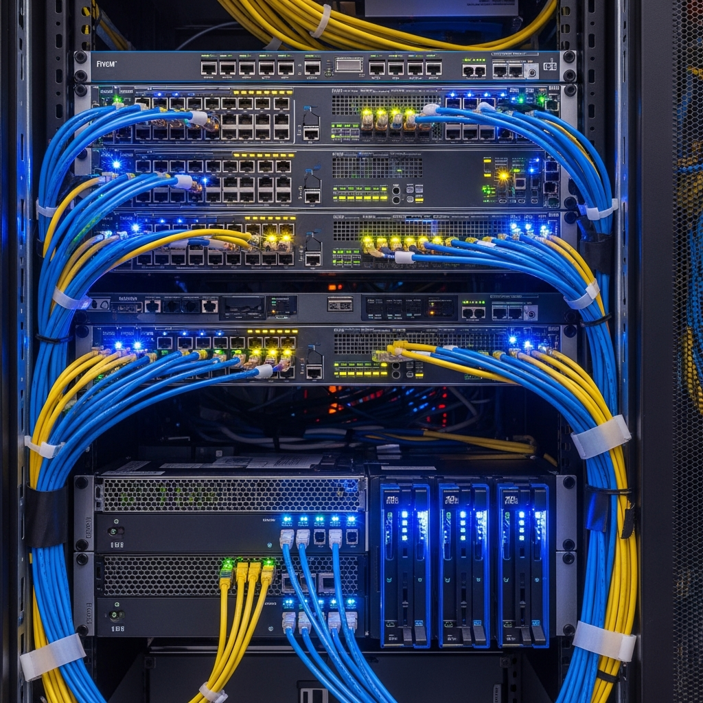 Modern server rack showing FiveM hosting infrastructure with illuminated network cables and status LEDs, representing professional game server deployment with enterprise-grade hardware