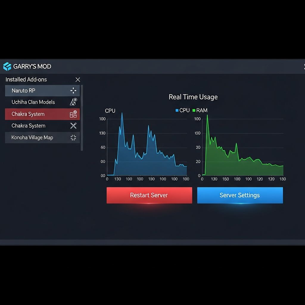 Panel de control de servidor Garry's Mod mostrando lista de addons instalados de Naruto RP (modelos Uchiha, sistema de chakra, mapa Konoha), gráficos de uso de CPU y RAM en tiempo real, botones de reinicio y configuración, interfaz moderna y profesional