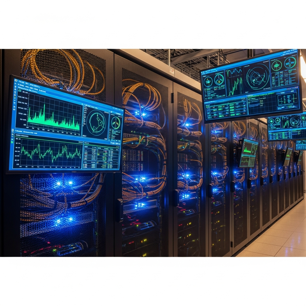Photo détaillée d'un datacenter moderne montrant une rangée de serveurs rack avec câblage structuré, LEDs bleues et écrans de monitoring affichant des graphiques de performances en temps réel, atmosphère high-tech professionnelle