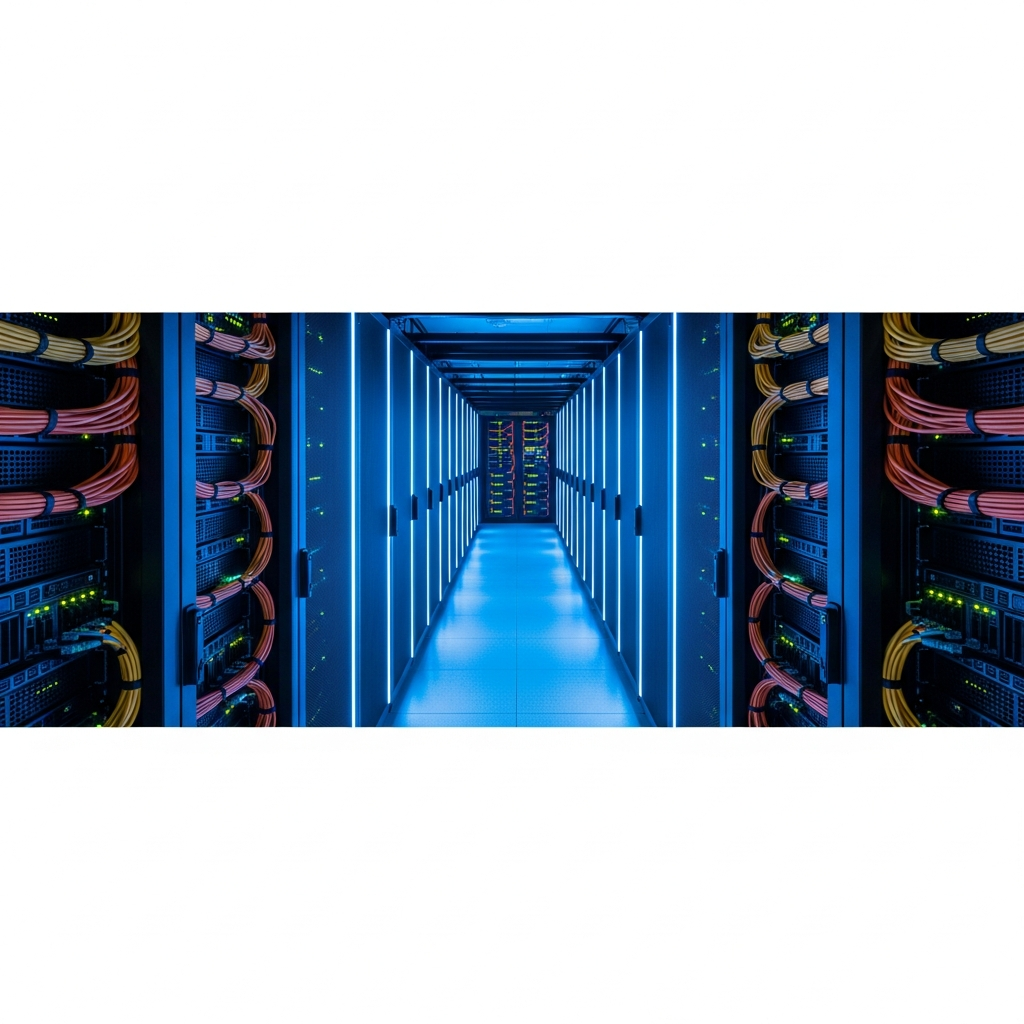 Photographie photoréaliste en vue du dessus d'un datacenter moderne aux allées éclairées de LED bleues, avec des racks de serveurs noirs alignés parfaitement, câbles réseau orange et jaune organisés, ambiance high-tech froide et professionnelle