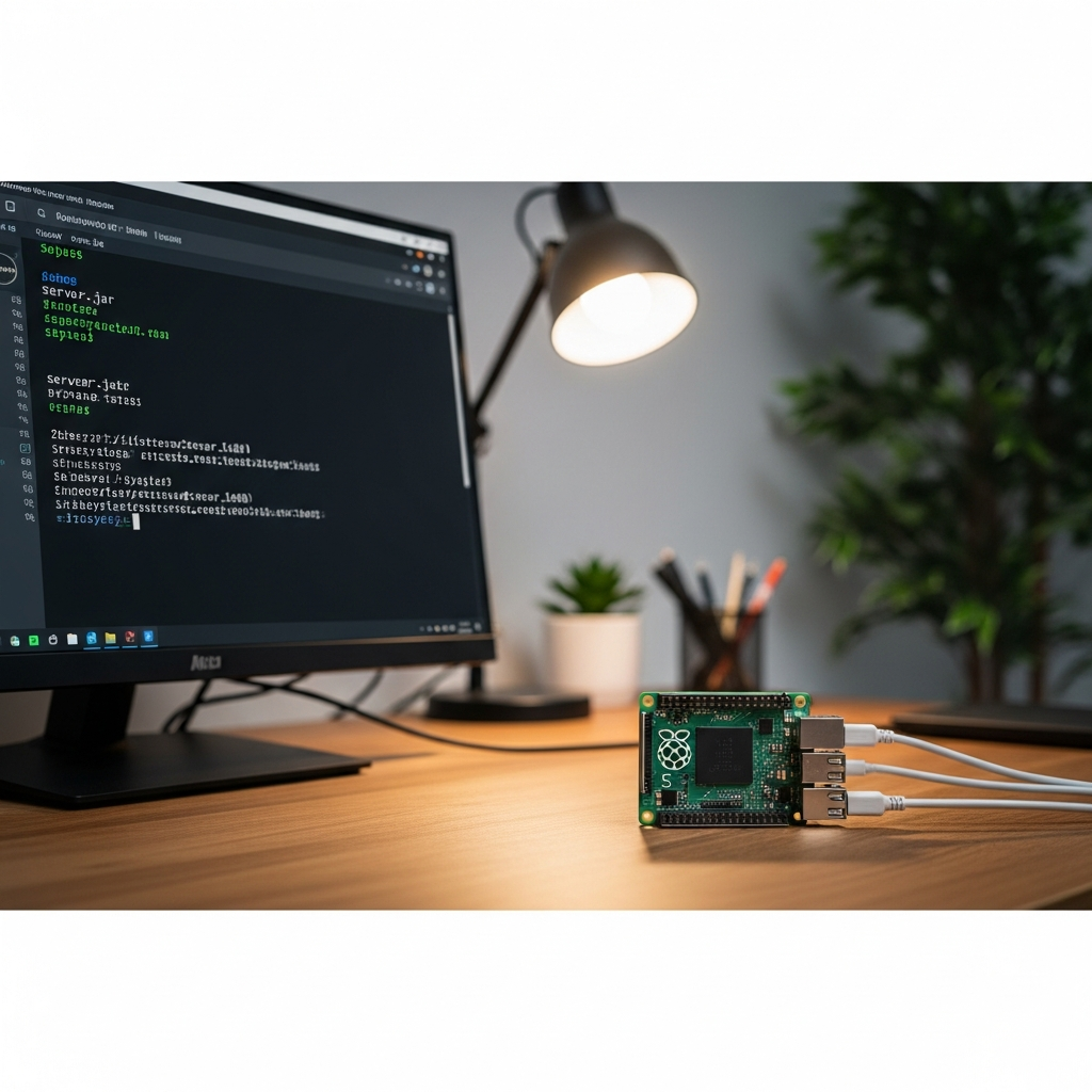 Photo photoréaliste d'un Raspberry Pi 5 posé sur un bureau à côté d'un écran, avec câbles Ethernet et alimentation USB-C connectés, interface terminal SSH affichée sur l'écran montrant l'exécution de "server.jar" et logs de démarrage Minecraft visibles