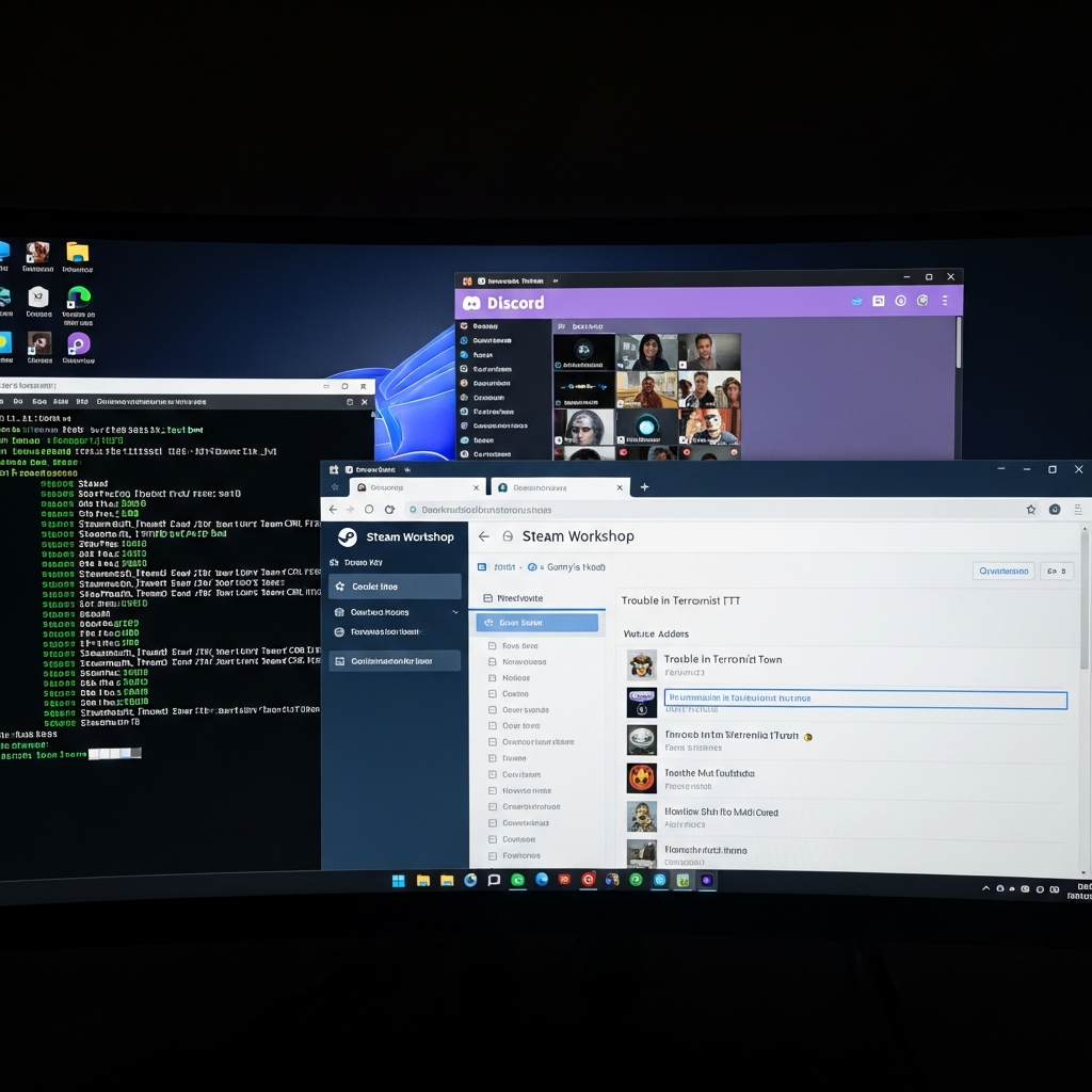 Photo réaliste en vue subjective d'un écran d'ordinateur affichant un terminal Linux avec des lignes de commande SteamCMD défilant en vert, un navigateur web ouvert sur le Workshop Steam de Garry's Mod avec des addons TTT sélectionnés, et une fenêtre Discord en arrière-plan montrant un salon vocal actif