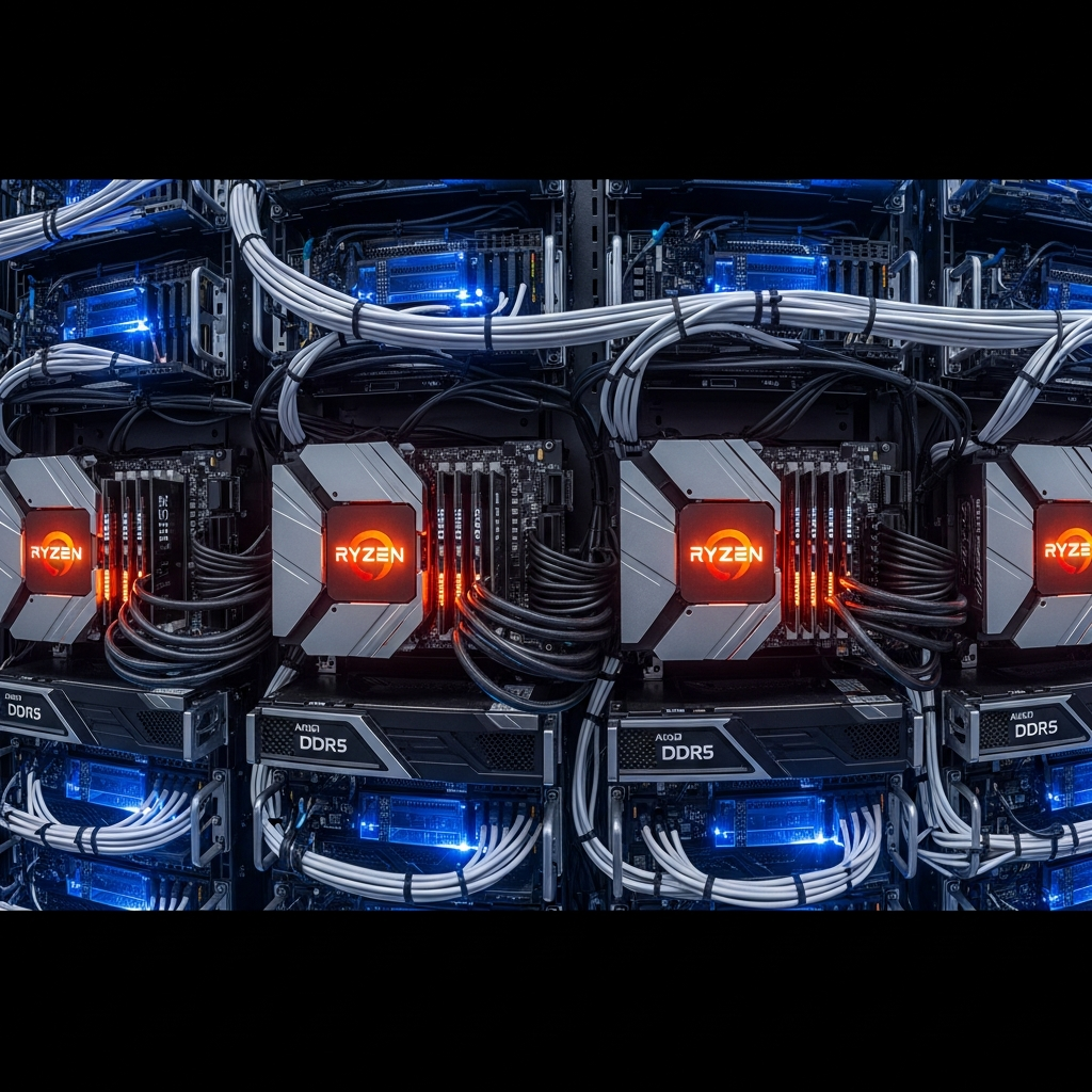 Photorealistic 3D render of a high-performance server rack with glowing AMD Ryzen 9 processors, DDR5 RAM modules labeled clearly, and blue LED accents, set in a modern data center environment with clean cable management