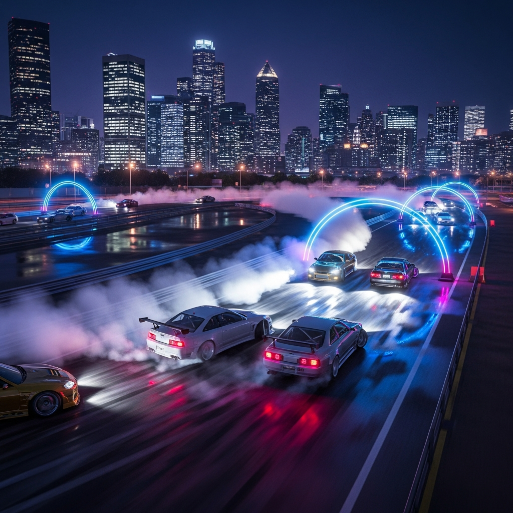 Photorealistic aerial view of a FiveM drift server track at night, neon-lit checkpoints, smoke trails from multiple cars drifting in tandem, urban skyline in the background, vibrant colors and dynamic motion blur
