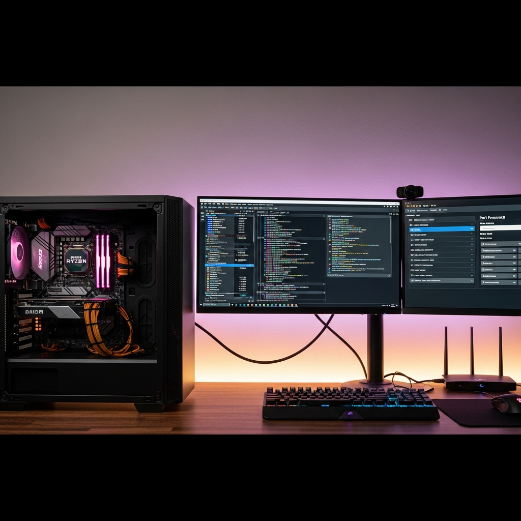 Photorealistic home office desk with gaming PC tower showing open case revealing AMD Ryzen processor and DDR5 RAM sticks, Ethernet cable plugged into router in background, dual monitors displaying Garry's Mod server console and port forwarding router interface, soft LED ambient lighting, ultra-detailed 4K quality