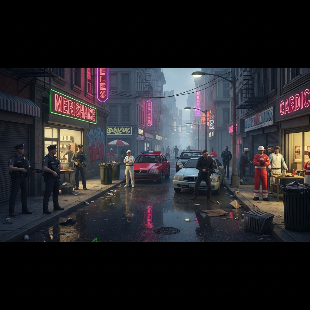 Photorealistic screenshot of a bustling DarkRP cityscape in Garry's Mod, featuring players in various job uniforms interacting near custom storefronts and vehicles, vibrant urban lighting, high-detail Source engine graphics