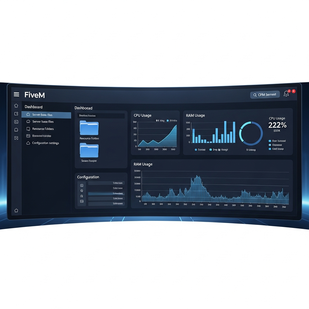 Photorealistic view of a modern FiveM server hosting control panel displaying server base files, resource folders, and configuration settings on a sleek dark-themed dashboard with graphs showing CPU and RAM usage