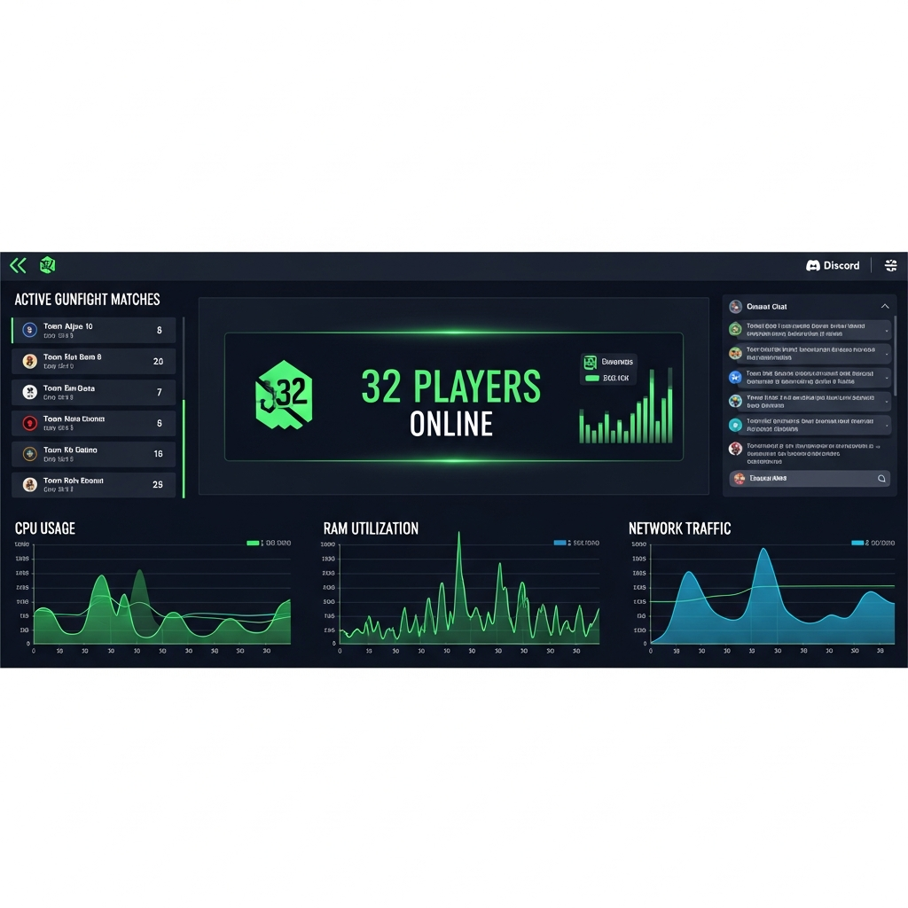 Professionelles Server-Monitoring-Dashboard auf dunklem Hintergrund, mehrere Graphen zeigen CPU-Auslastung, RAM-Nutzung und Netzwerkverkehr, in der Mitte eine große Anzeige mit "32 Spieler online", links eine Liste aktiver Gunfight-Matches mit Scores, rechts ein Discord-Widget mit Chat-Nachrichten, moderne UI mit grünen und blauen Akzenten
