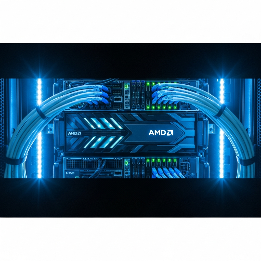 Professionelles fotorealistisches Bild eines modernen Server-Racks in einem Rechenzentrum, blaue LED-Beleuchtung, sichtbare Netzwerkkabel, detaillierte Darstellung von Serverhardware mit AMD-Logo, kühles technisches Licht, hochauflösend