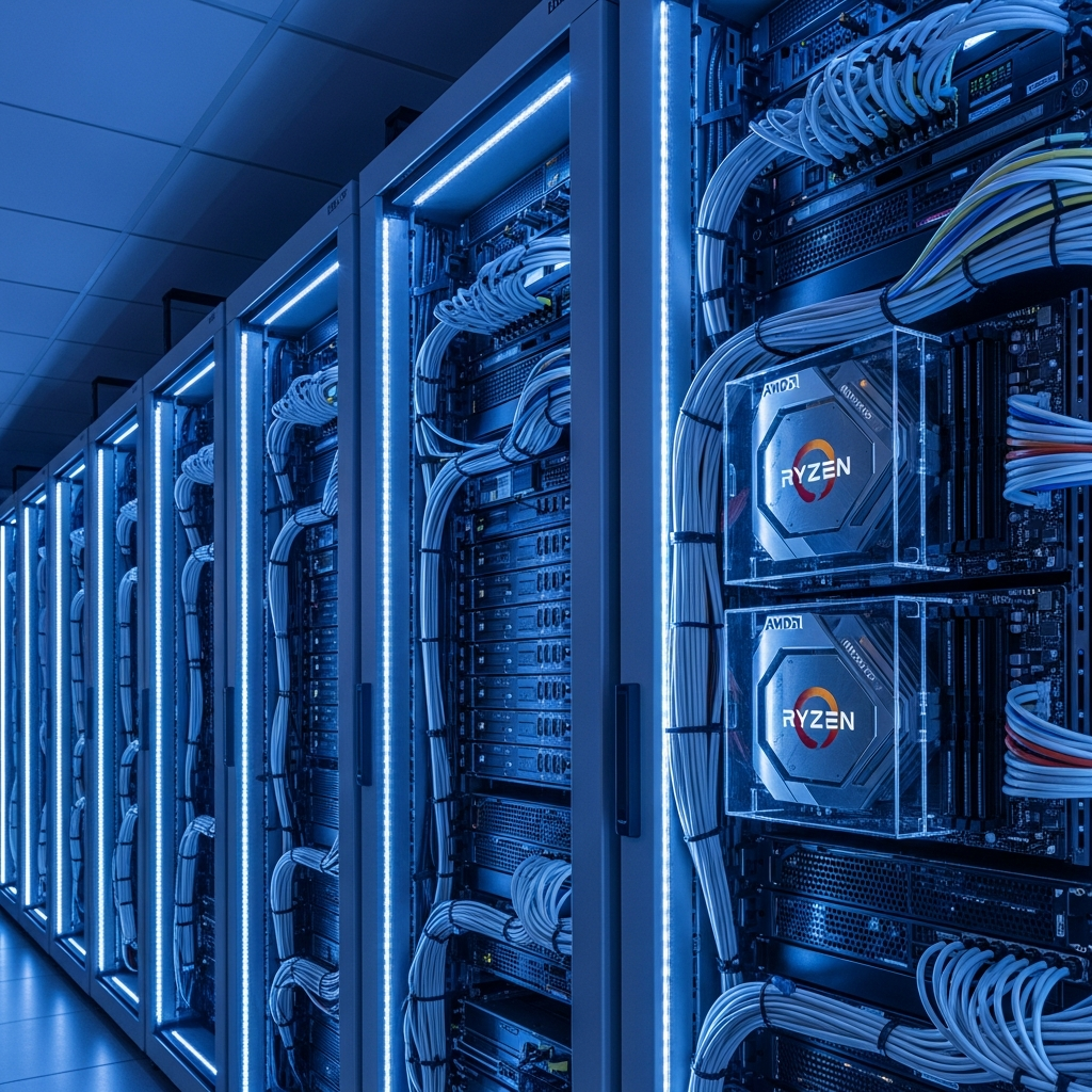 Salle serveur moderne avec racks éclairés en bleu, câbles réseau organisés et processeurs AMD Ryzen 9 visibles sur cartes mères haut de gamme, ambiance high-tech professionnelle