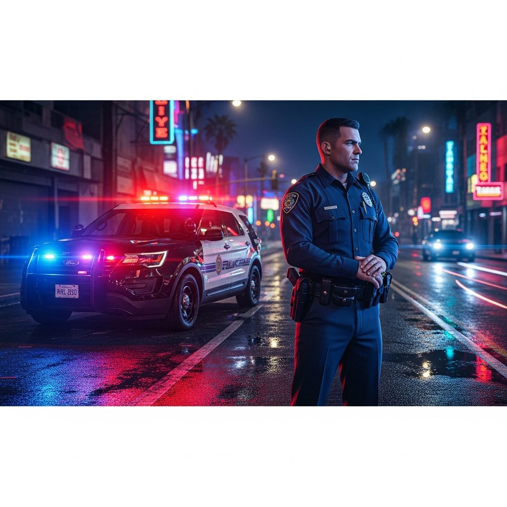 Scène photoréaliste d'un personnage en tenue de police américaine debout devant un véhicule de patrouille Ford Interceptor aux gyrophares allumés, dans une rue urbaine de nuit éclairée par des néons et lampadaires, ambiance cinématographique GTA V FiveM