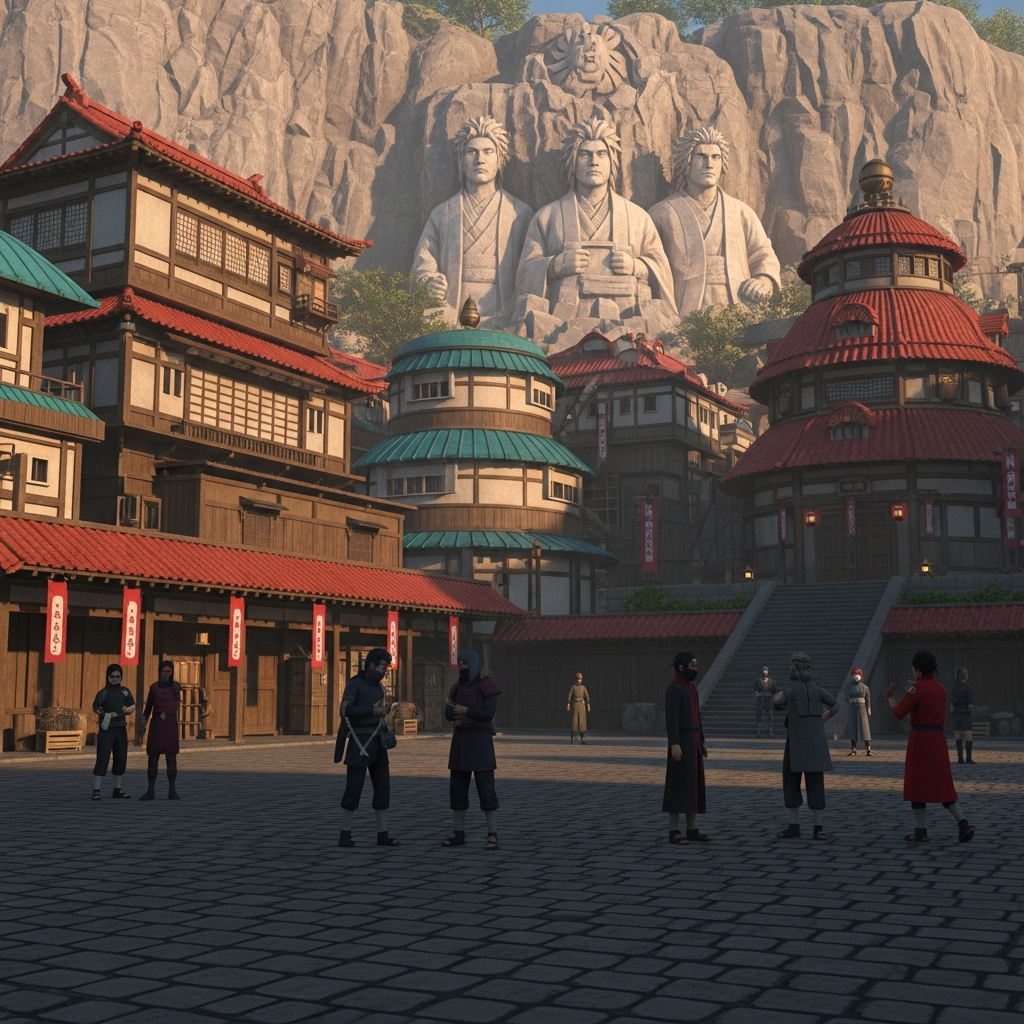 Scène photoréaliste d'un village ninja inspiré de Konoha dans Garry's Mod, avec des bâtiments traditionnels japonais, des toits en tuiles rouges, le monument des Hokage en arrière-plan, des joueurs en tenues de ninjas discutant sur une place centrale, éclairage d'après-midi doré, atmosphère immersive