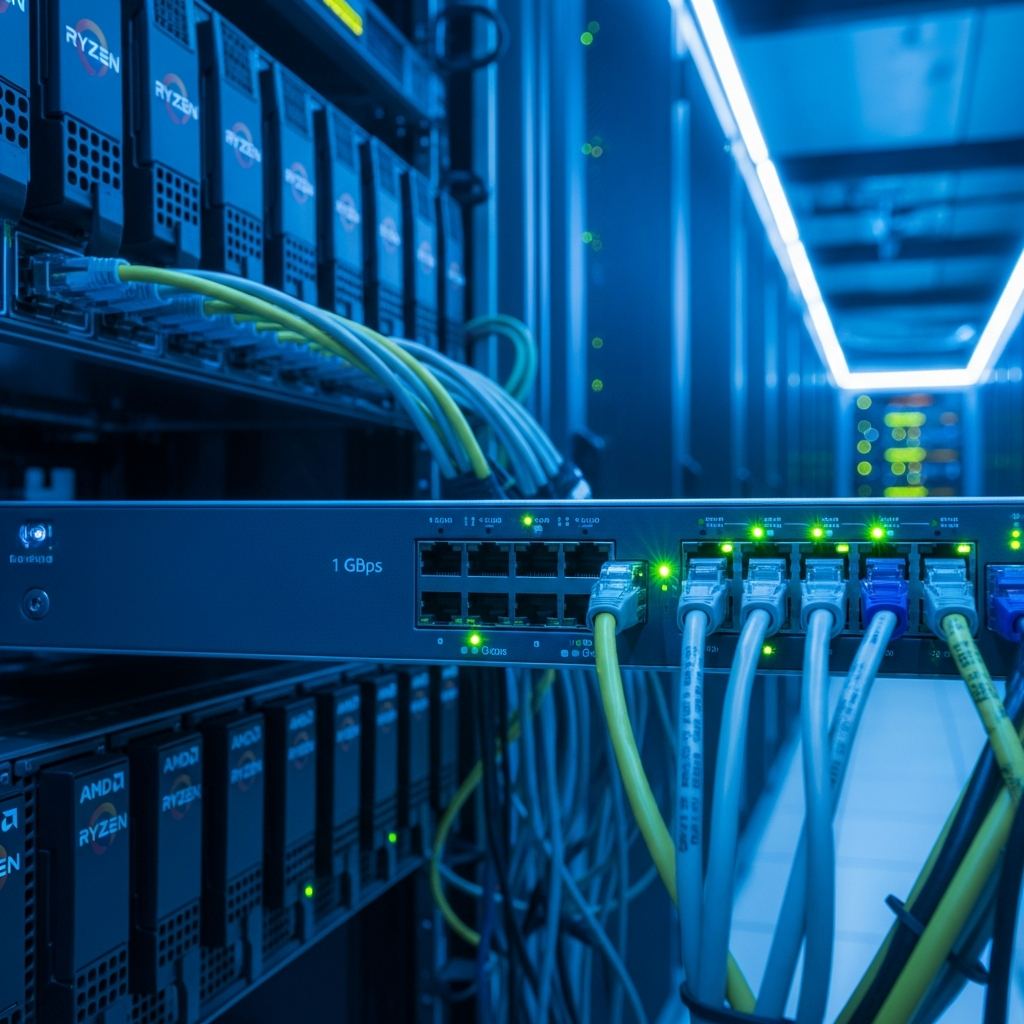 Server rack in professional data center with rows of blade servers featuring AMD Ryzen processors, close-up of network cables plugged into 1 Gbps switch with blinking green LEDs, cool blue lighting, depth of field focusing on foreground equipment, photorealistic commercial hosting environment quality
