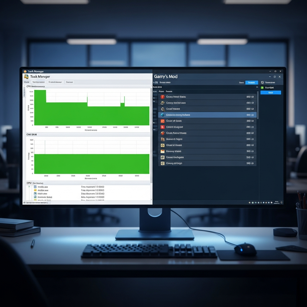 Split-screen view showing left side with Windows Task Manager performance graphs displaying high CPU and RAM usage during GMod server operation, right side showing Garry's Mod in-game server browser with several populated servers listed, realistic computer screen glow, evening office lighting, photorealistic detail