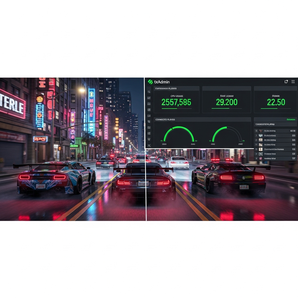 Splitscreen-Ansicht mit links einem FiveM-Server im Spiel mit Custom-Fahrzeugen und Mappings in einer belebten Stadtszene bei Nacht, rechts das txAdmin-Dashboard mit grünen Performance-Metriken und Spielerliste, fotorealistisch