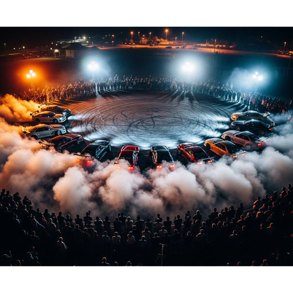 Vista cenital de un evento de drift nocturno en FiveM con múltiples vehículos JDM derrapando en paralelo en un parking iluminado por focos de colores, espectadores en círculo alrededor de la zona, humo denso cubriendo el asfalto, estética fotorrealista con bloom y motion blur