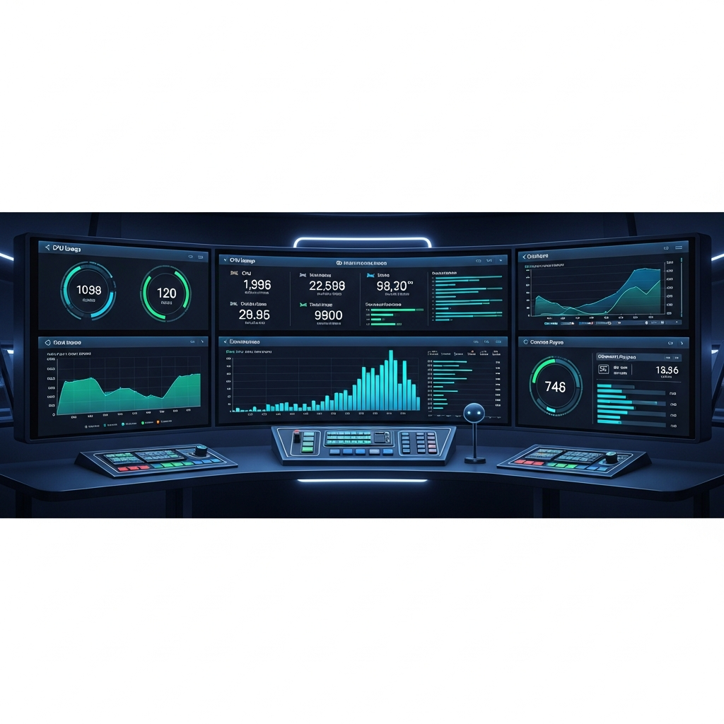 Visualización fotorrealista de un dashboard de monitorización de servidor mostrando gráficos en tiempo real de CPU, RAM, tickrate y jugadores conectados, con diseño tipo panel de control futurista en tonos azules y verdes