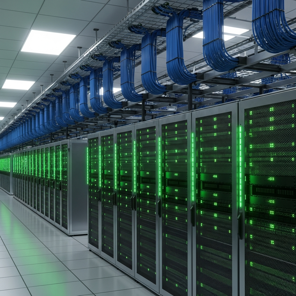 Vue 3D photoréaliste d'un datacenter français avec rangées de serveurs Dell ou Supermicro, éclairage LED vert, câbles fibre optique bleus, ambiance froide et professionnelle