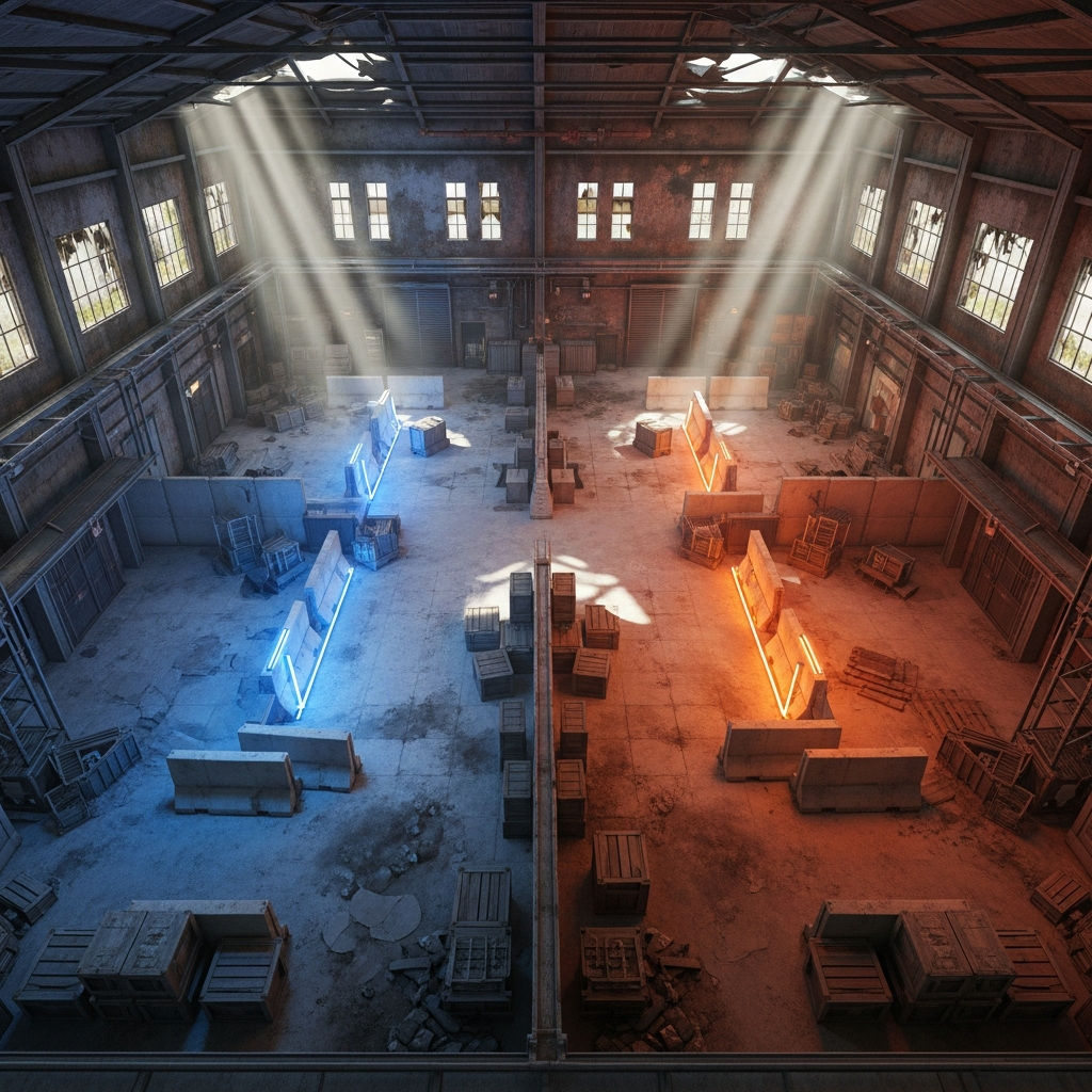 Vue aérienne d'une arène Gunfight symétrique dans un entrepôt abandonné, avec couvertures en béton stratégiquement placées, éclairage néon bleu et orange distinguant les deux côtés, design compact et équilibré pour combats tactiques 2v2