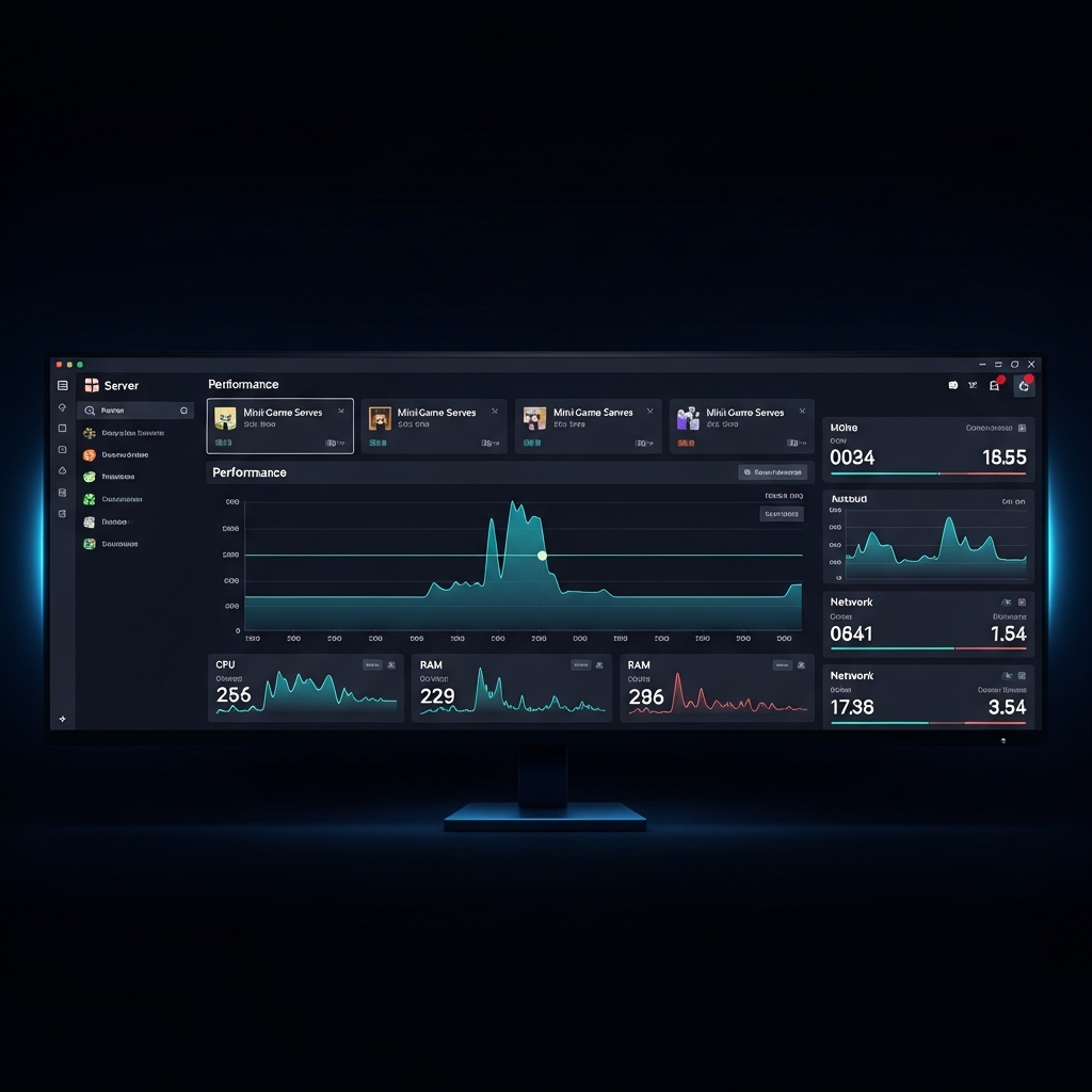 Vue d'un panneau de contrôle moderne affichant plusieurs serveurs Minecraft mini-jeux en ligne, avec des graphiques de performance CPU, RAM et réseau en temps réel, sur fond de dashboard sombre et lumineux