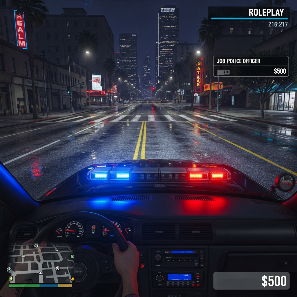 Vue immersive en jeu montrant un joueur dans Los Santos au volant d'une voiture de police personnalisée, interface HUD roleplay visible en overlay avec jauge de santé, minimap détaillée, affichage du job et de l'argent, éclairage dynamique réaliste de nuit avec reflets sur le capot