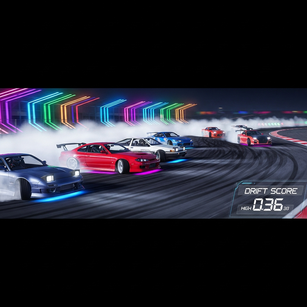Vue photoréaliste d'un circuit de drift nocturne sur FiveM avec plusieurs voitures japonaises en dérapage contrôlé, traces de pneus fumantes au sol, éclairage néon coloré le long de la piste et interface HUD affichant le score de drift en temps réel
