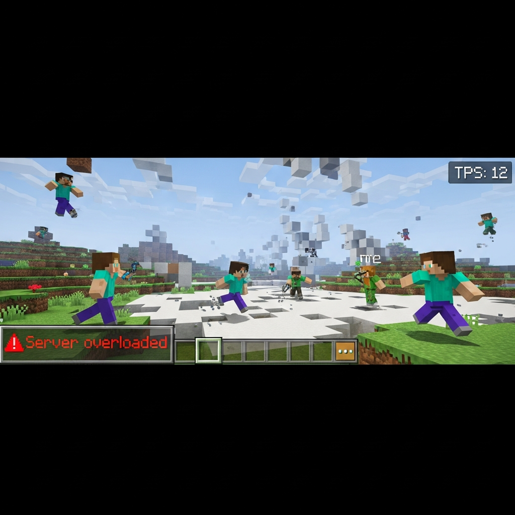 Vue photoréaliste d'un serveur Minecraft gratuit en jeu, montrant des lags visibles avec des joueurs qui se téléportent, chunks qui chargent lentement en arrière-plan, affichage du TPS à 12 en haut à droite et message d'avertissement "Server overloaded" dans le chat
