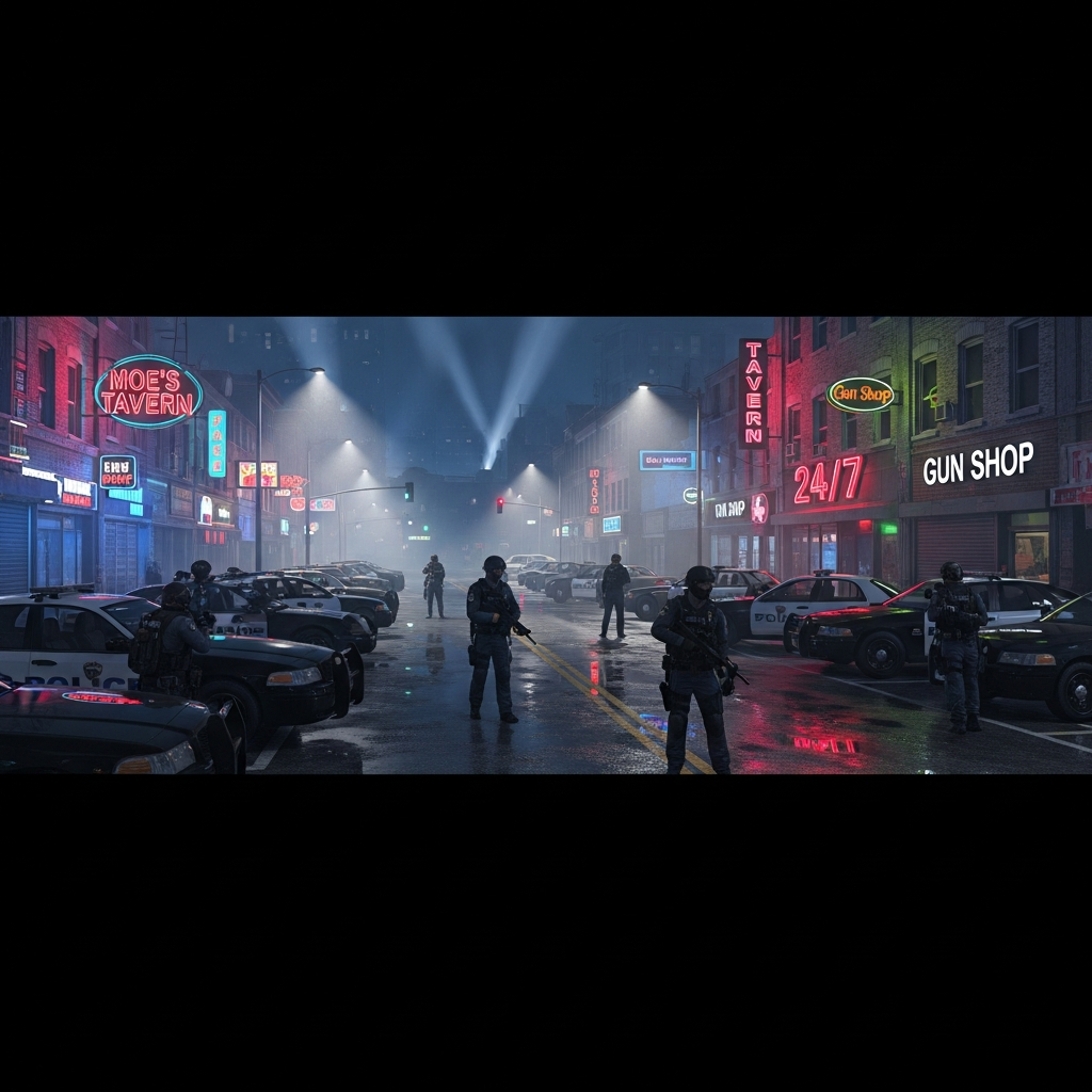 Vue photoréaliste en jeu d'une rue urbaine DarkRP avec plusieurs joueurs en uniformes de police, des boutiques éclairées en néon, des véhicules garés et une atmosphère nocturne immersive avec éclairage volumétrique réaliste