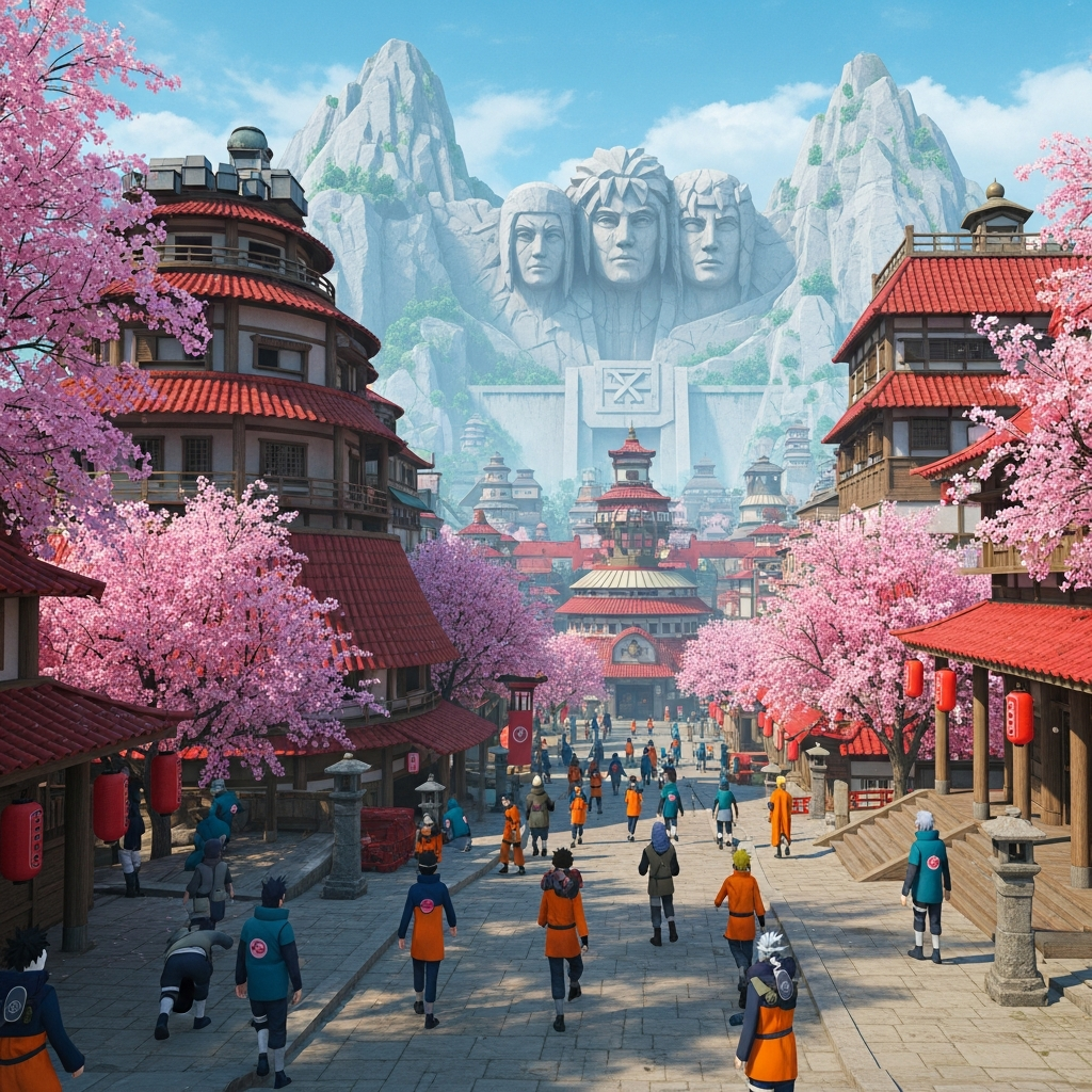 cinematic view of a detailed 3D Konoha Village map inside Garry's Mod, showing traditional Japanese architecture with red roofs, the Hokage monument carved into mountains in background, shinobi characters in orange and blue outfits walking through streets, vibrant anime-style atmosphere with cherry blossom trees