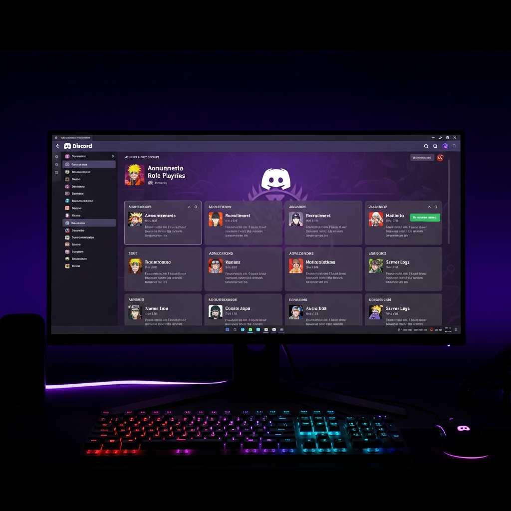 Écran d'ordinateur affichant un tableau de bord Discord avec plusieurs salons actifs pour un serveur Naruto RP, incluant annonces, recrutement, candidatures, logs serveur, avec des icônes thématiques Naruto, fond sombre violet, notifications en temps réel, clavier gaming RGB en premier plan
