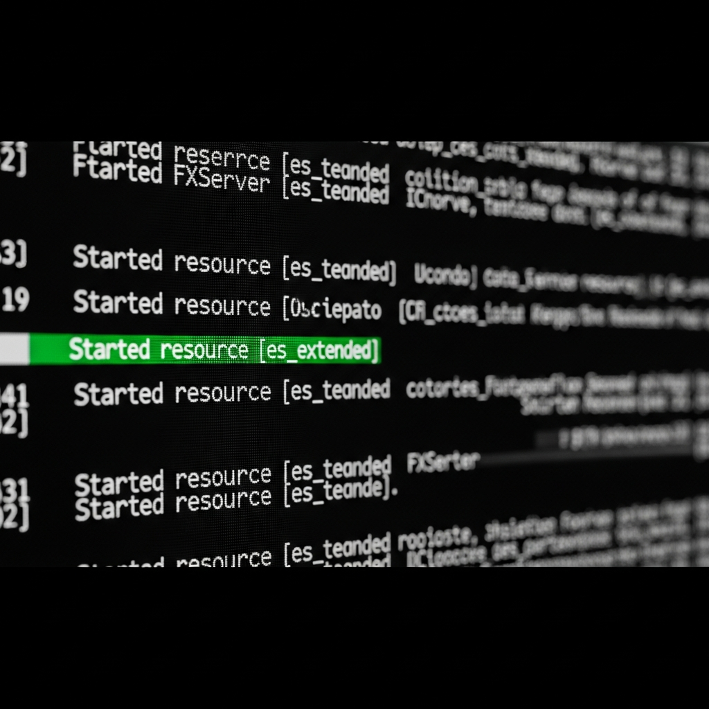 Écran photoréaliste d'une console FXServer en temps réel, texte blanc sur fond noir, défilant rapidement avec lignes vertes "Started resource [es_extended