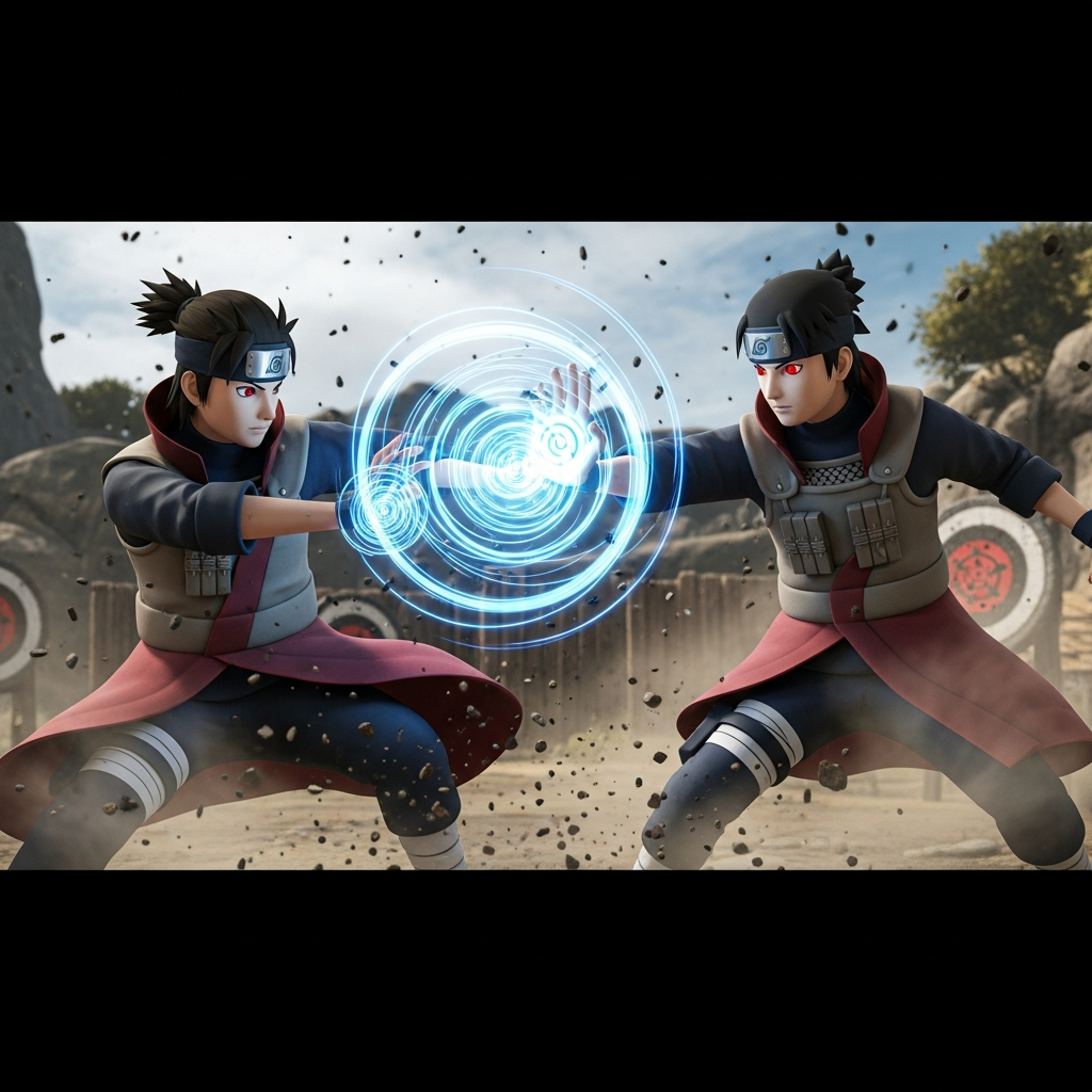 dramatic action scene of two anime shinobi characters mid-combat in a Garry's Mod environment, one performing a glowing blue Rasengan jutsu with spiral energy effects, the other defending with red Sharingan eyes visible, dynamic particle effects and motion blur, cinematic lighting with dust and debris flying, detailed character models against a training ground background